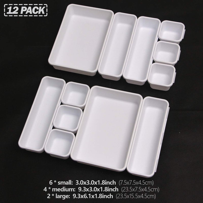 TENABORT Set of 12 Interlocking Desk Drawer Organizer Tray Dividers Plastic Shallow Narrow Drawers Organizers Separators Storage Bins Container for Kitchen Bathroom Makeup Office Vanity Bedroom Dresser White - Image 2